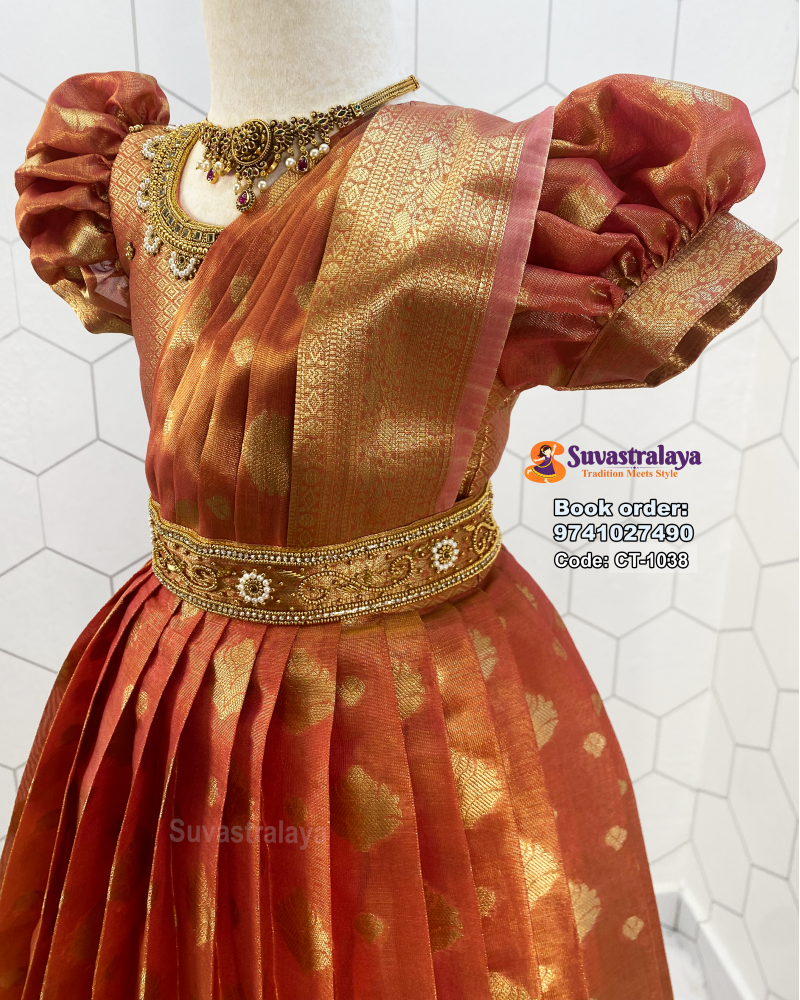 Kids Silk Frock Pattu Gown with Lotus Aari Work and Elephant Border