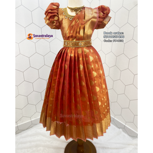 Kids Silk Frock Pattu Gown with Lotus Aari Work and Elephant Border