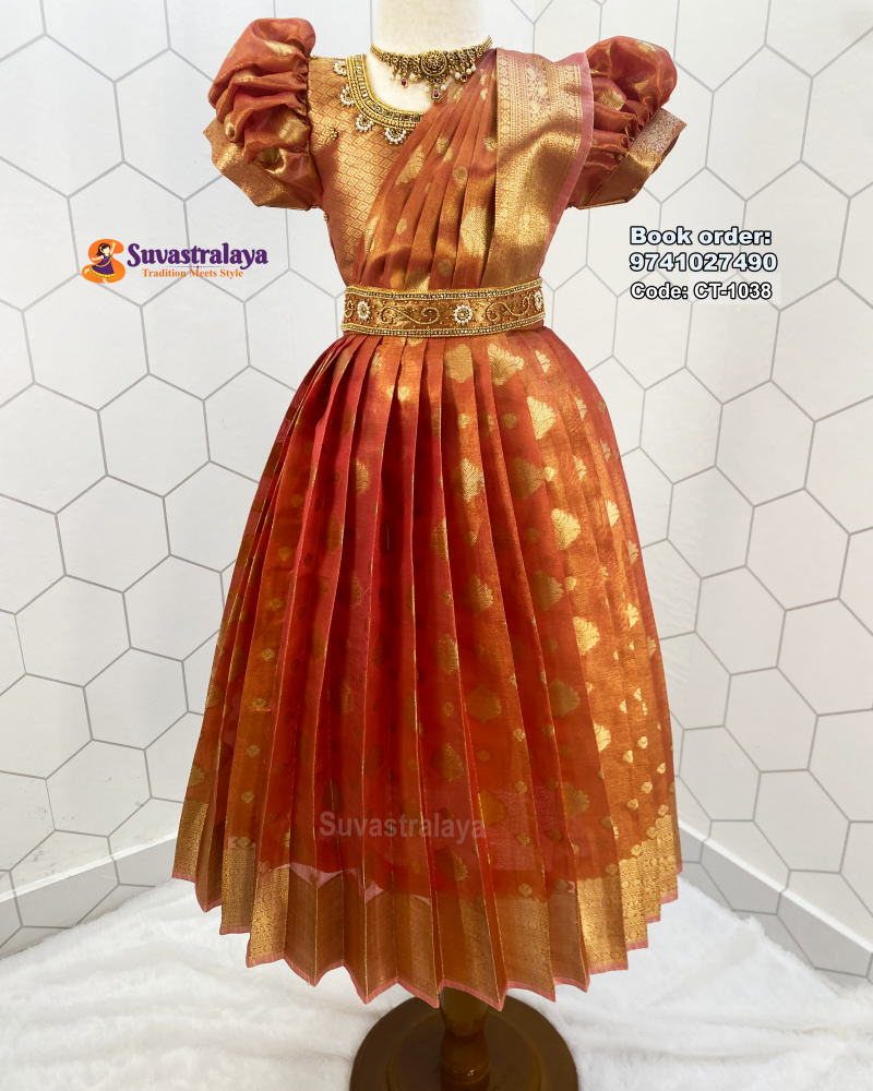 Kids Silk Frock Pattu Gown with Lotus Aari Work and Elephant Border