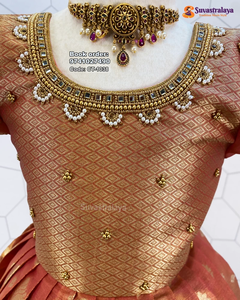 Kids Silk Frock Pattu Gown with Lotus Aari Work and Elephant Border