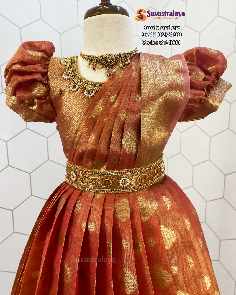 Kids Silk Frock Pattu Gown with Lotus Aari Work and Elephant Border