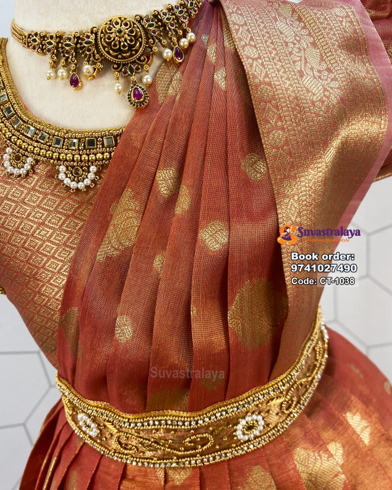Kids Silk Frock Pattu Gown with Lotus Aari Work and Elephant Border