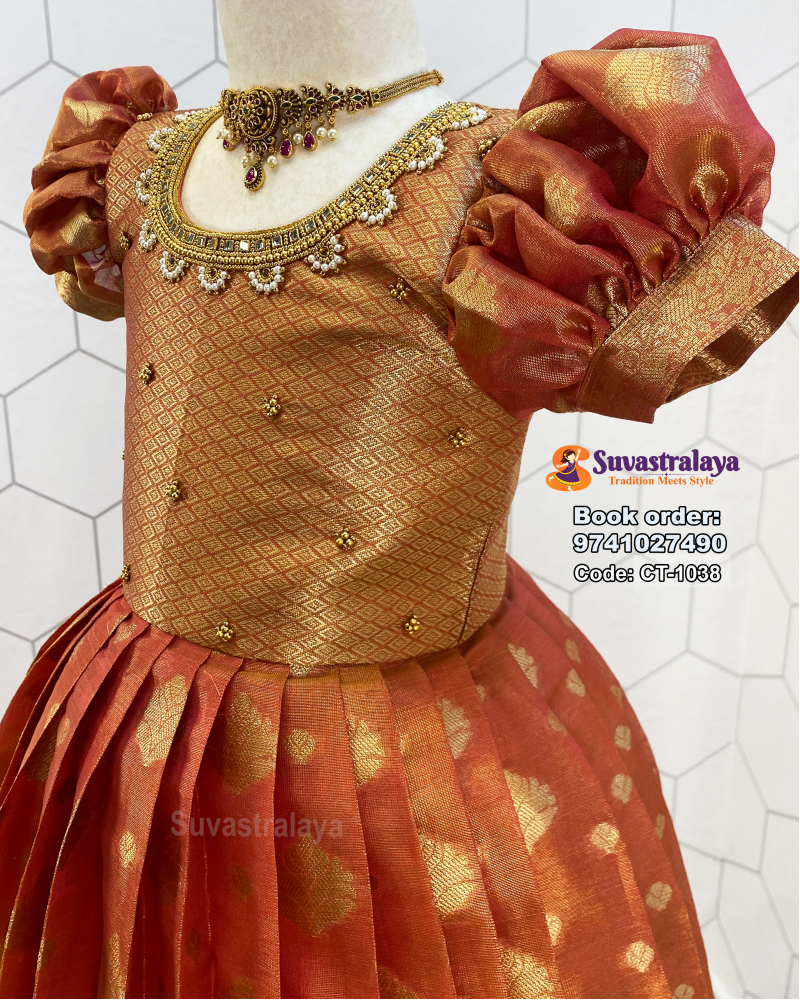 Kids Silk Frock Pattu Gown with Lotus Aari Work and Elephant Border