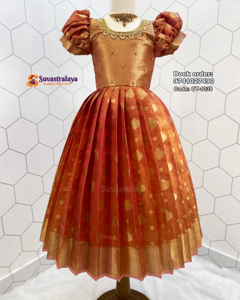 Kids Silk Frock Pattu Gown with Lotus Aari Work and Elephant Border