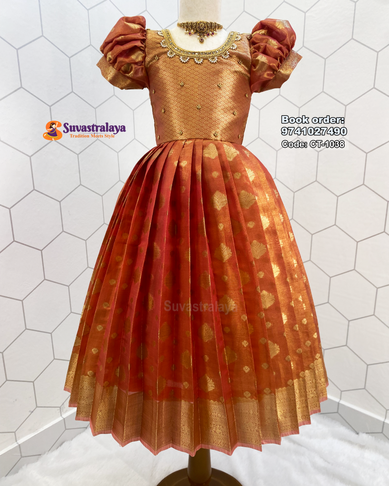 Kids Silk Frock Pattu Gown with Lotus Aari Work and Elephant Border