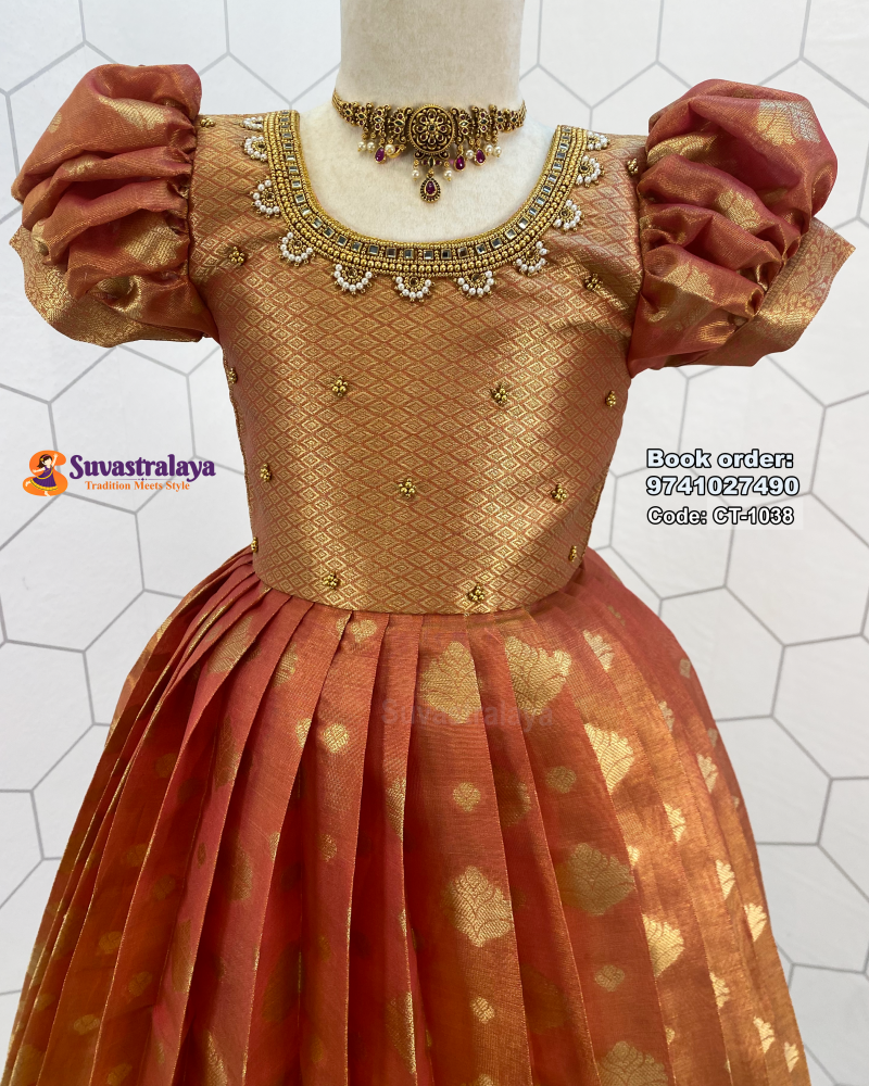 Kids Silk Frock Pattu Gown with Lotus Aari Work and Elephant Border